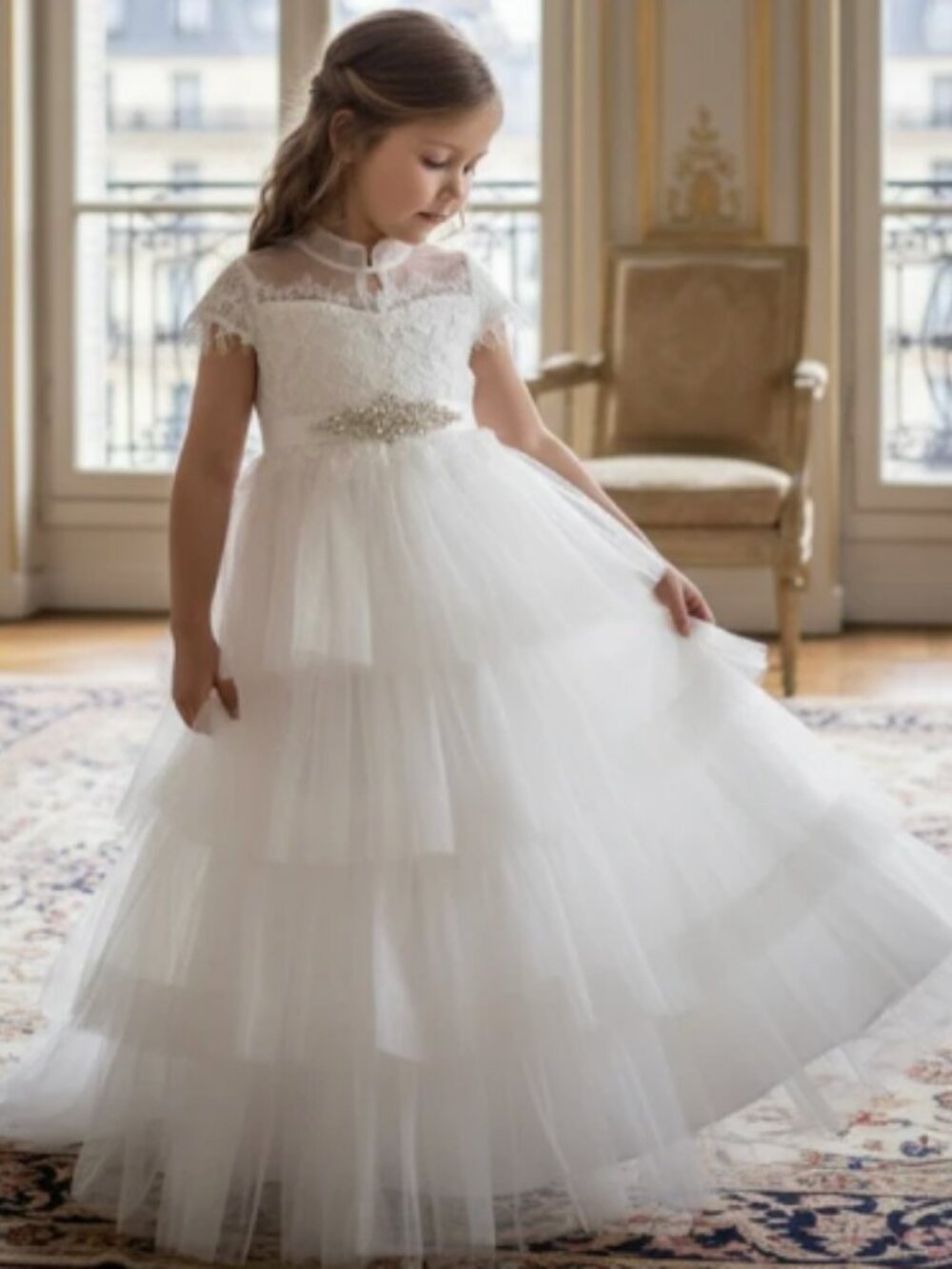 Trish Scully girls 6 Ariana white tiered lace tulle wedding baptism christening